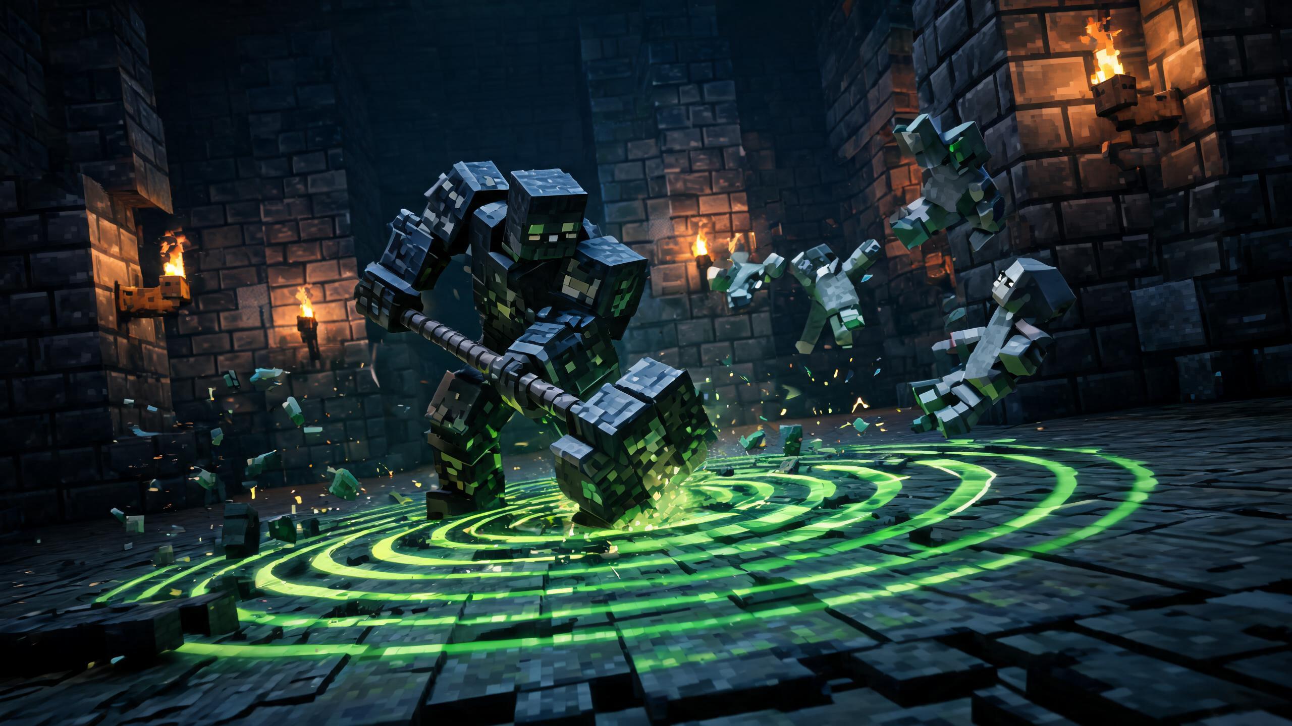 War Hammer bruiser build — ground slam shockwave in Minecraft Dungeons 2