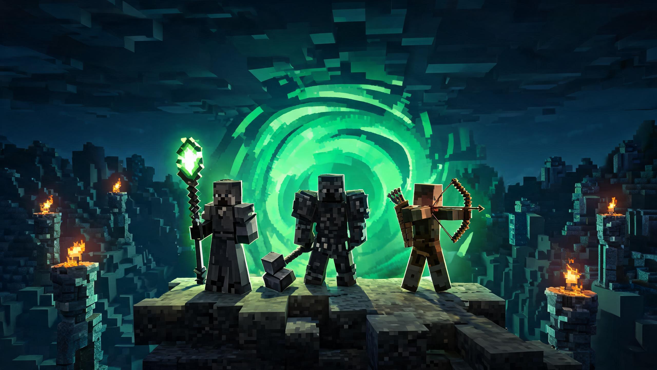 Minecraft Dungeons 2 heroes facing a glowing rift — original Dungeons2Guide artwork